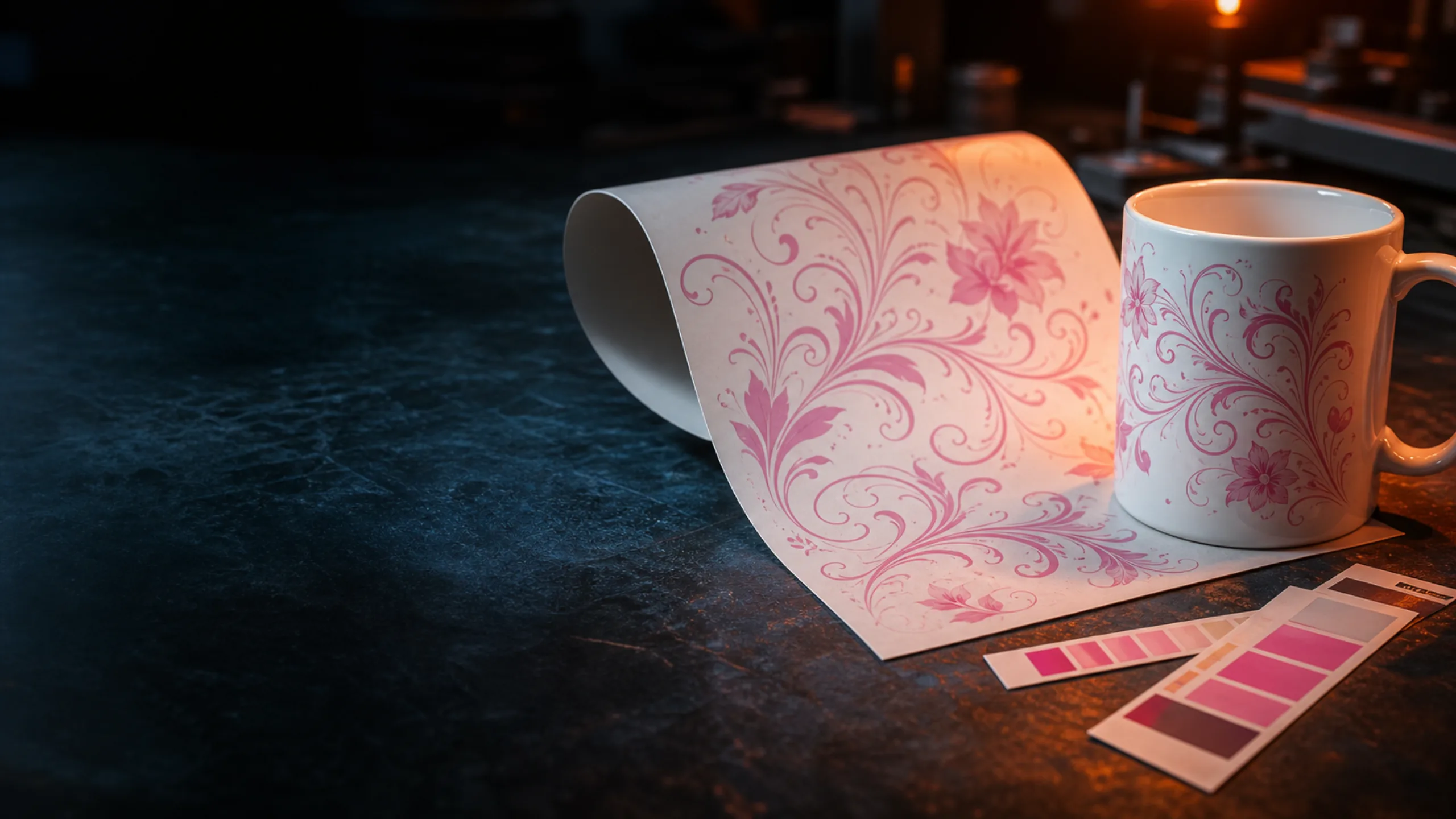 Papel de sublimação com arte floral ao lado da caneca pronta com a mesma estampa, sob luz quente — imagem conceitual