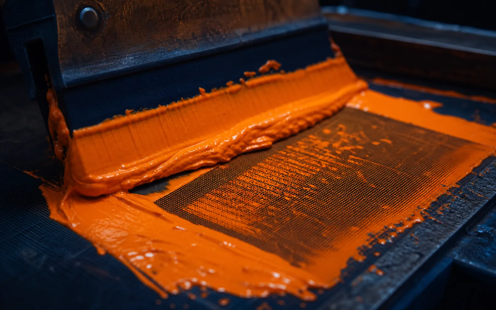 Rodo puxando tinta laranja sobre a matriz de serigrafia — imagem conceitual